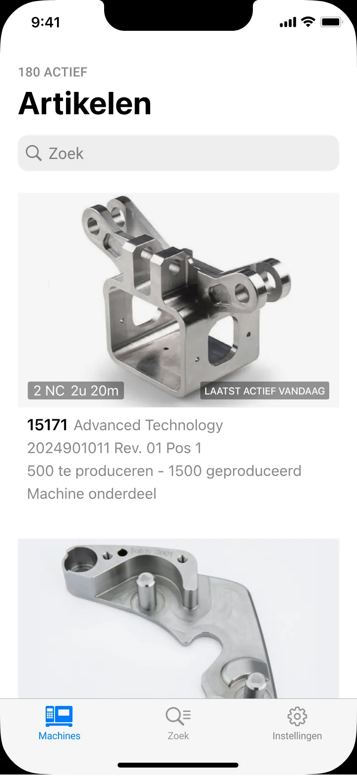 Artikelenoverzicht in de Smart Factory app