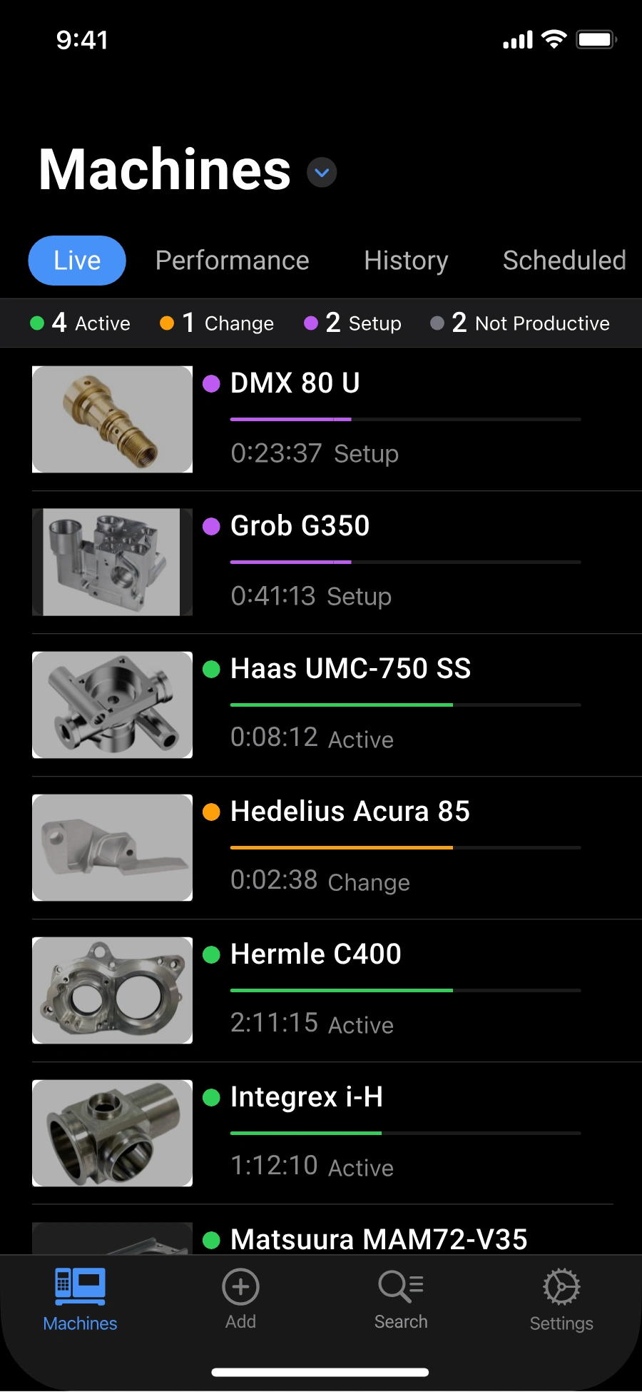 Machine list in the Smart Factory app with the status of every CNC machine