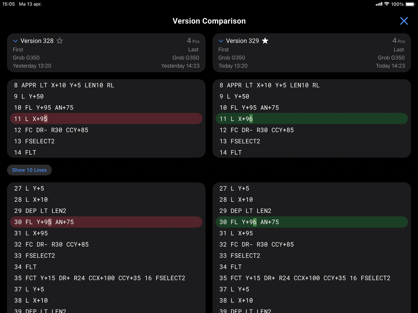 Comparing NC program versions in Smart Factory
