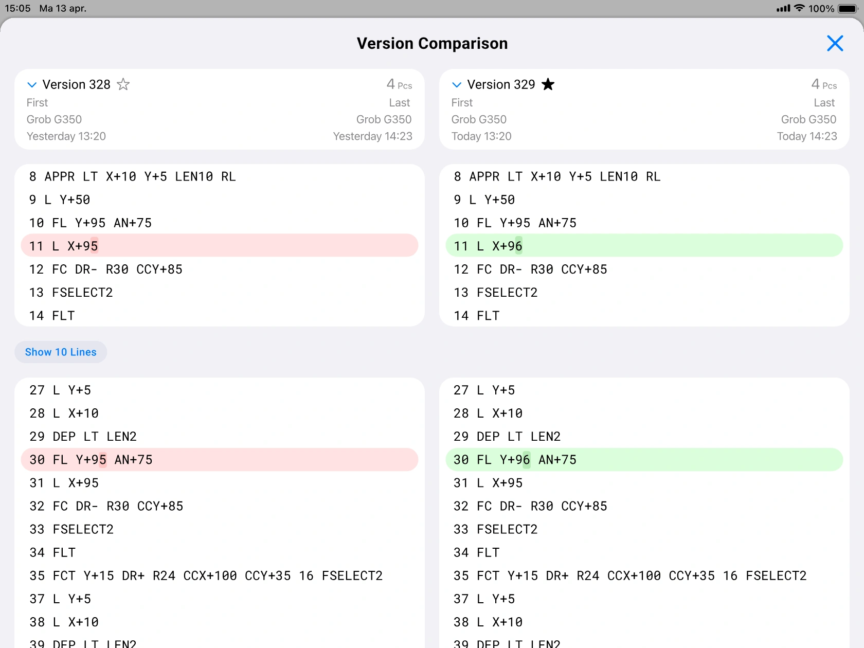 Comparing NC program versions in Smart Factory