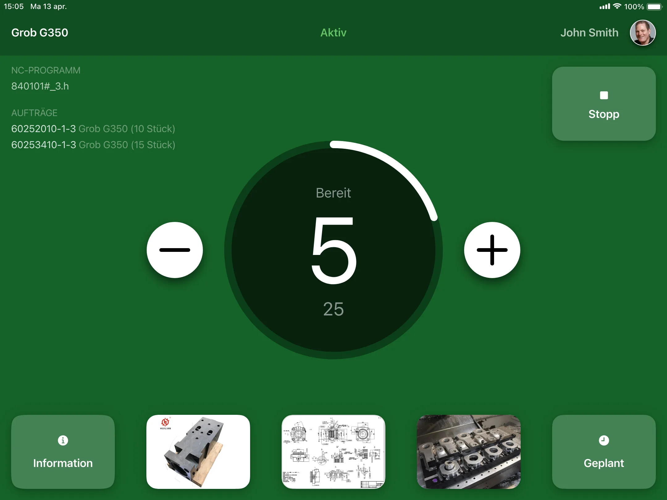 Smart Factory Bedienpanel mit Dokumenten, Aufträgen und Ausschusserfassung an der Maschine