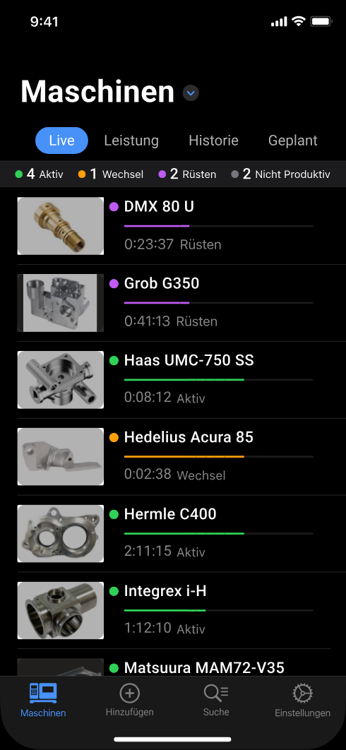 Maschinenliste in der Smart Factory App: Maschinen im Status Rüsten sind magenta markiert