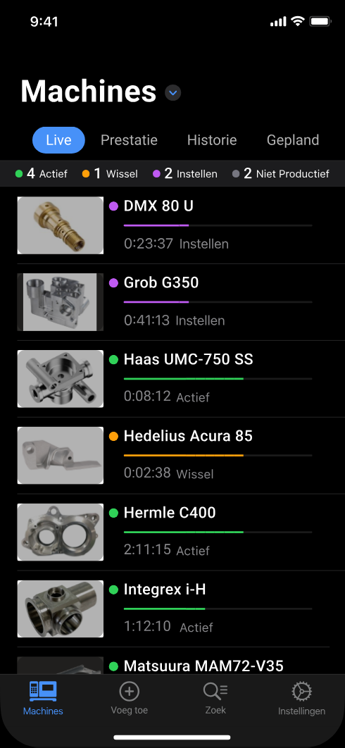 Machinelijst in de Smart Factory-app met de status van elke CNC-machine
