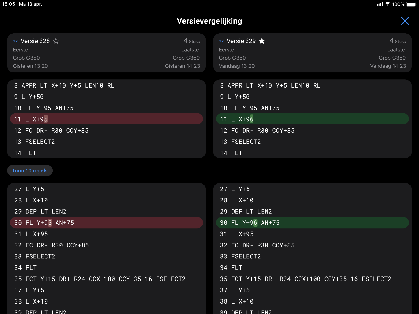 NC-versievergelijking in Smart Factory: twee versies van een Heidenhain-programma naast elkaar