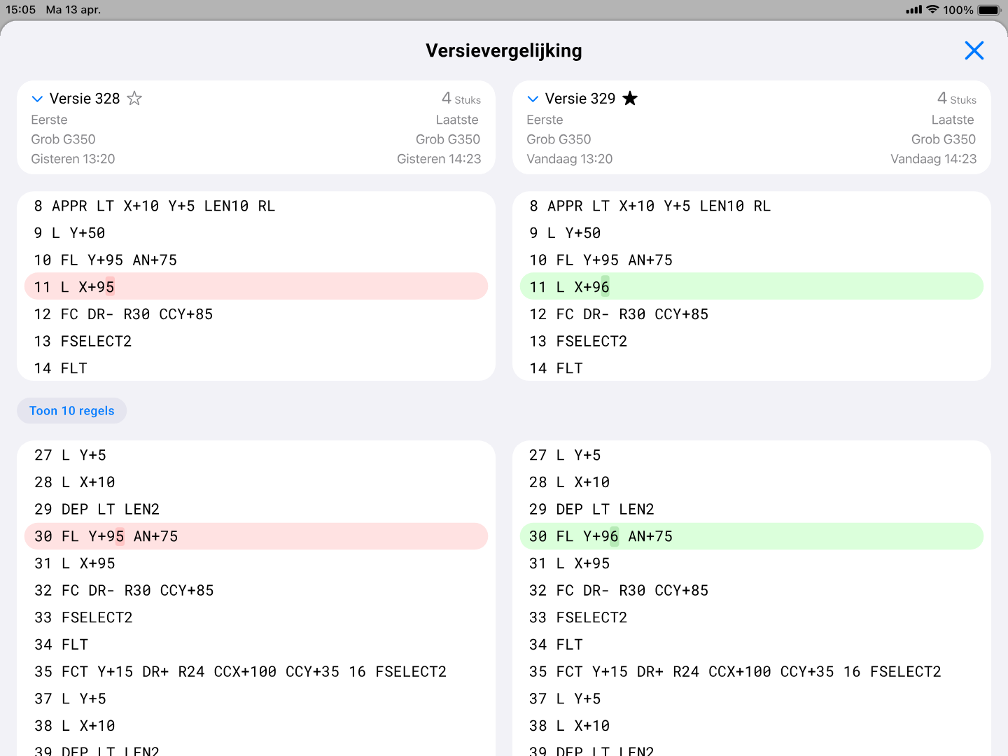 NC-versievergelijking in Smart Factory: twee versies van een Heidenhain-programma naast elkaar